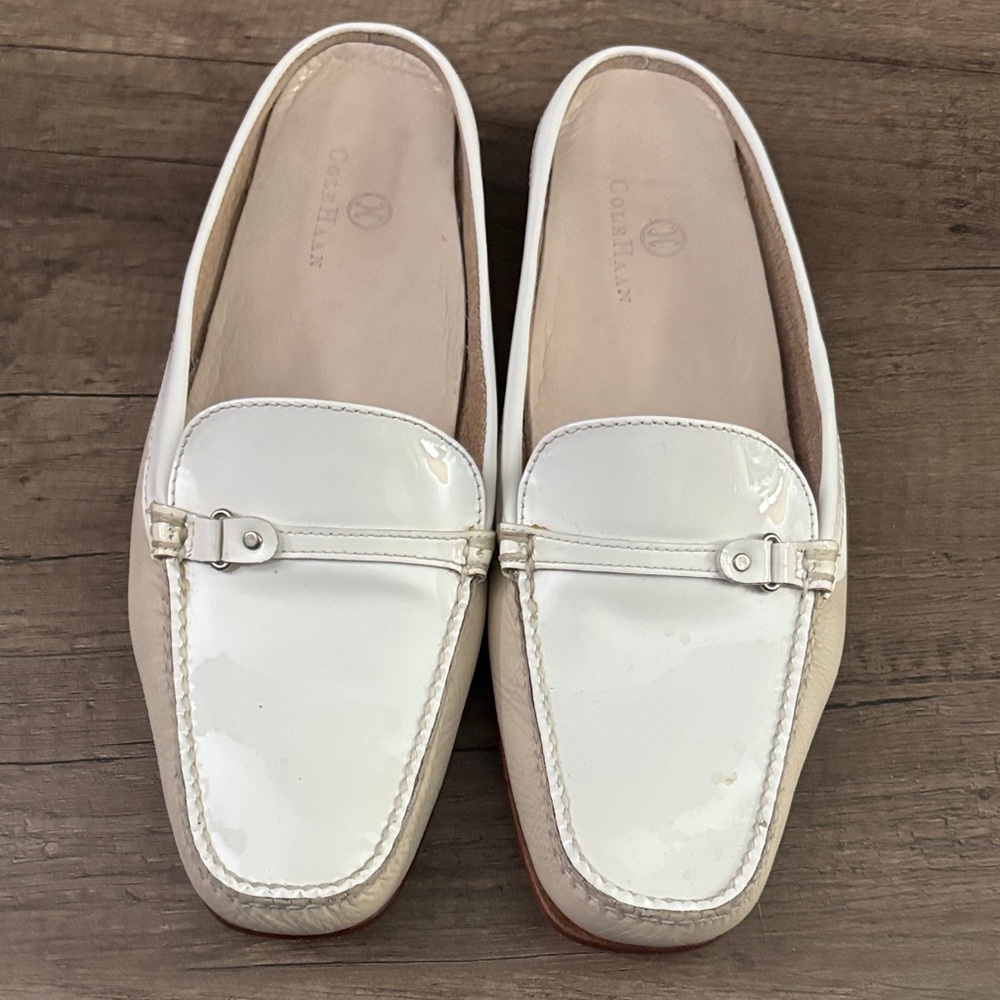 Cole Haan White Patent Leather Slip-On Loafers with Beige Sides